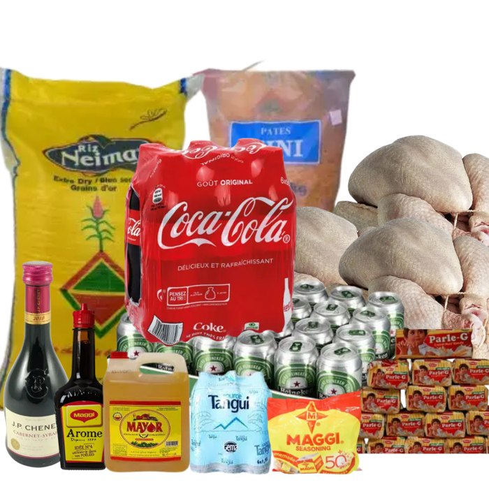 Riz, boissons, pâtes, bouillon et poulets.